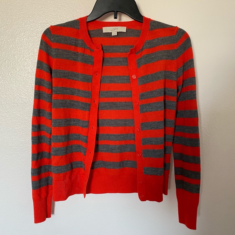 Ann Taylor LOFT Red & Grey Striped Button Up Cardigan